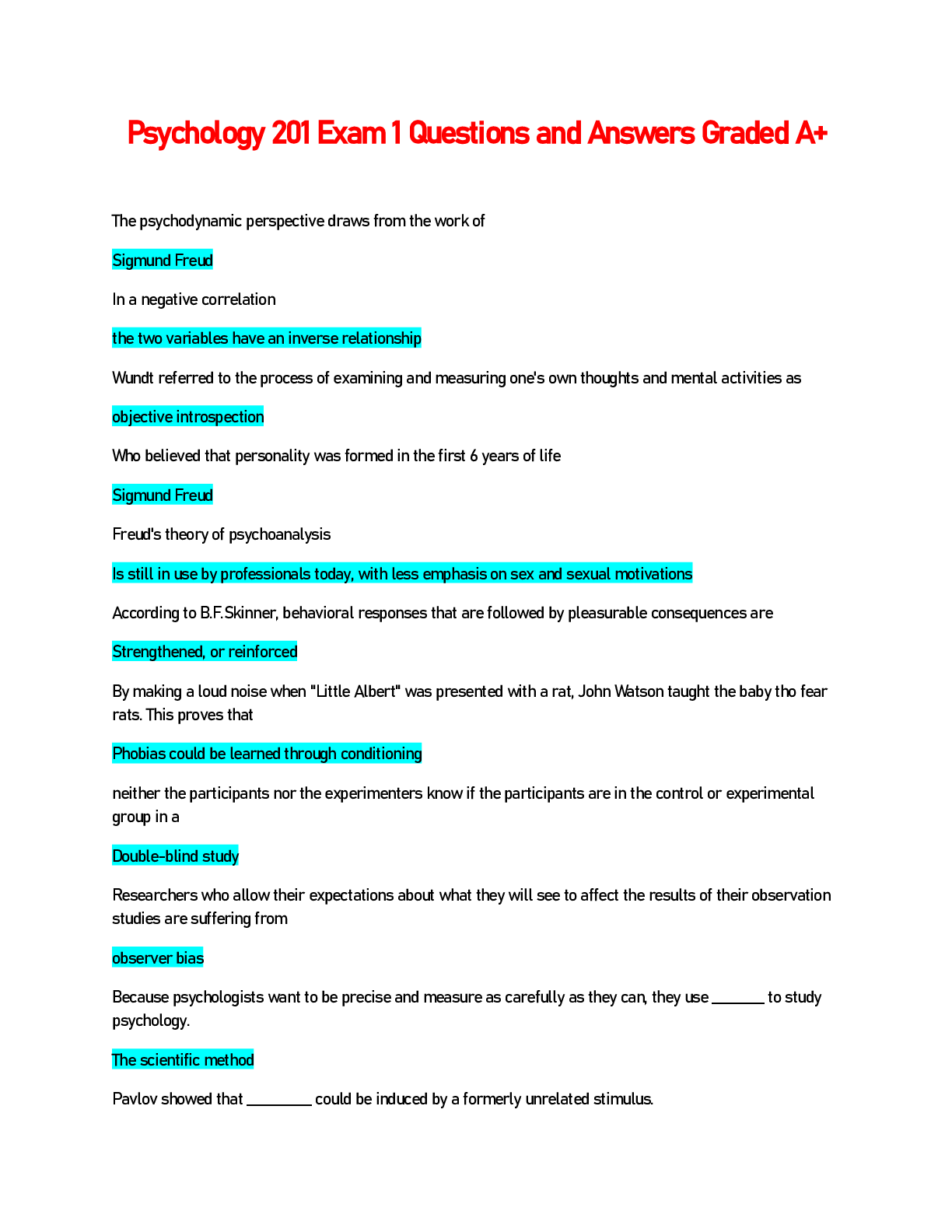 Preview image for Psychology 201 Exam 1 Questions and Answers Graded A+